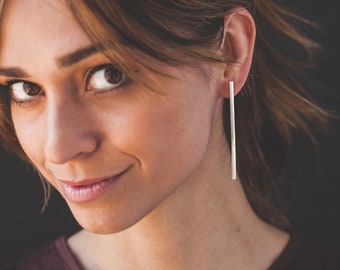Handmade Sterling Silver Linear Bar Earrings - Modern Dangle Jewelry