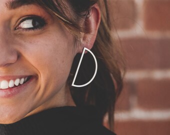 Large Sterling Silver Half Moon Earrings: Modern Celestial Jewelry