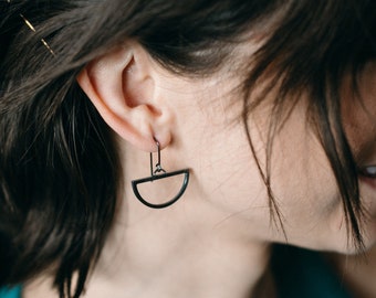 Sterling Silver Half Moon Earrings: Modern Geometric Dangle Jewelry
