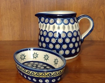 Vintage Blue and White Pitcher with Small Oval Dish Bowl Handmade in Poland