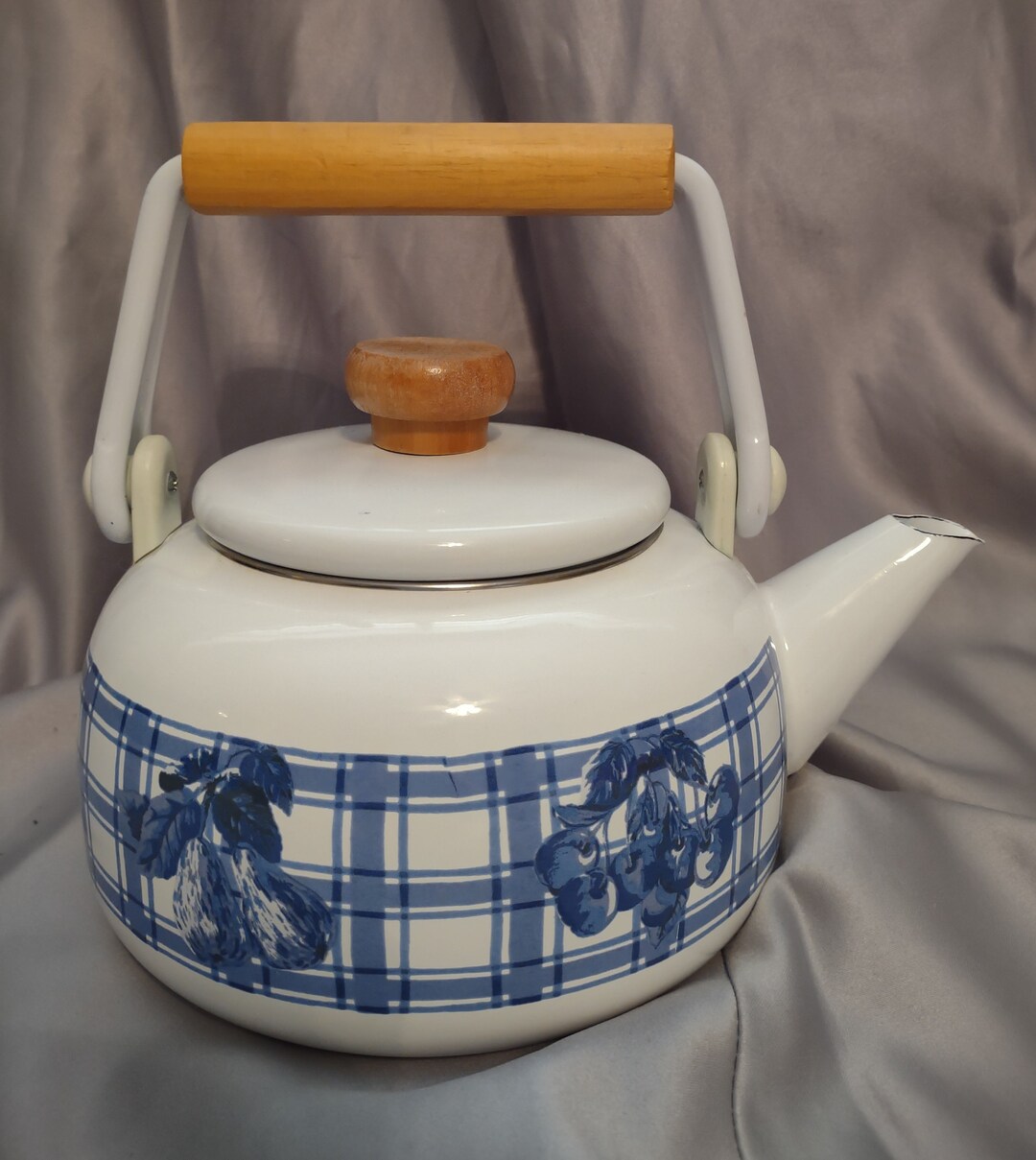 Blue Plaid on White Porcelain Tea Kettle With Wood Handle Etsy