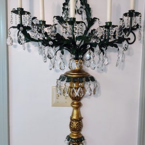 Antique RARE 52 Inches Tall Five Candle Wall Mount Metal and Wood with Lots of Clear Crystals and  24kt Finish.