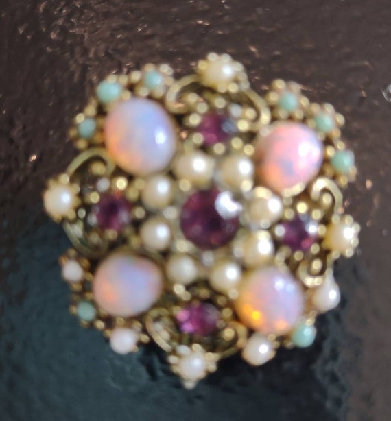 Brooch with Faux Pearls and Purple Crystals - image 1