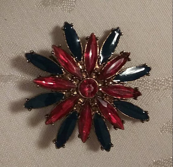 Brooch with Ruby Red  Crystals and Dark Blue Caba… - image 1