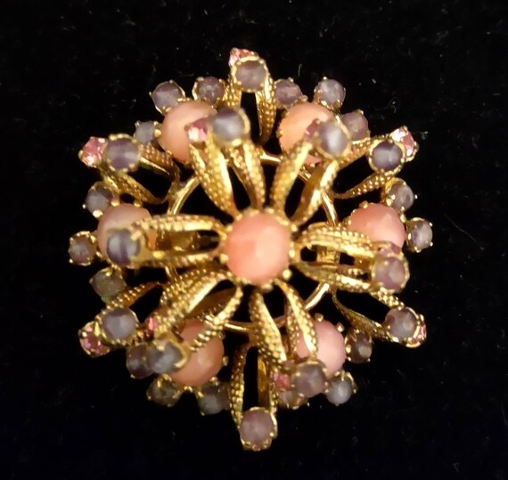 Vintage Rare Austrian 2 Tier Brooch with Pink Opa… - image 1