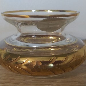 Rare 3&quot; Bohemia Crystal Vase Deeply Carved 24K Gold Czechoslovakia