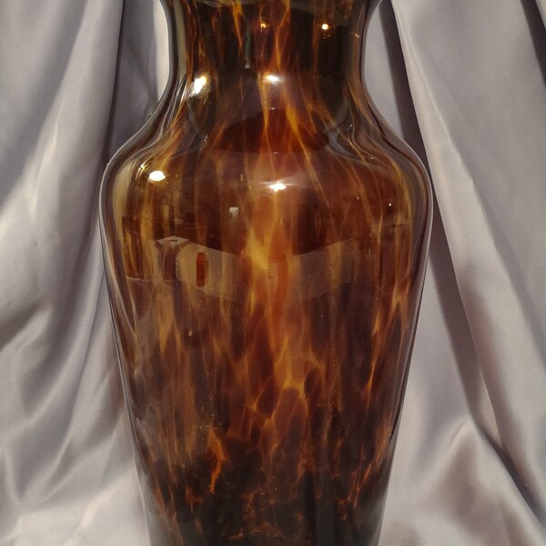 Hand Blown Glass Amber Tortoise Shell Vase Art Glass 12"