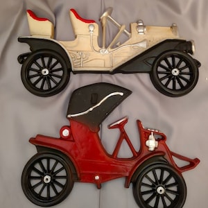 Pair Of Cast Metal Wall Hangings Art Antique Car Made in USA Mid Century