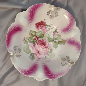 12&quot; Antique Germany Bowl Pink Roses Green Leaves W/ Embossed Gold