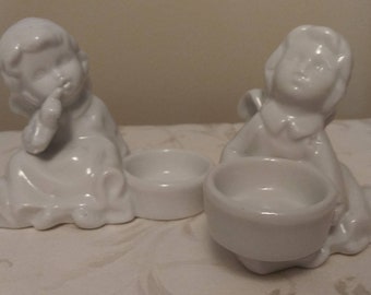 White Angel Cherubs Candle Holders Pair