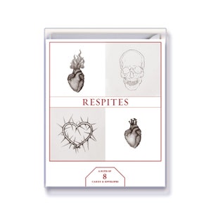 The RESPITES Vertical Folded Cards — • Sacred Heart of Fire • Heart of Thorns • Sacred Heart of Nails • Skull on bone white