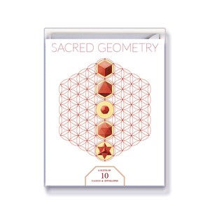 May include: A white box with the text "SACRED GEOMETRY" in red lettering. The box features a red and gold geometric design with a flower of life pattern. The text "A SUITE OF 10 CARDS & ENVELOPES" is also on the box.