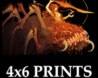 May include: An artistic print featuring a fantasy illustration of a woman with red hair riding a monstrous creature with sharp teeth and claws. The artwork is set against a black background, with the text "4x6 PRINTS" at the bottom.