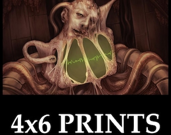May include: A digital art print featuring a grotesque, fleshy figure with a human face and exposed cavities displaying a green heartbeat monitor. The artwork is set against a dark, textured background. The text "4x6 PRINTS" is displayed at the bottom.