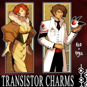 Puede incluir: Dos retratos ilustrados de personajes del videojuego Transistor. La mujer de la izquierda lleva un abrigo marrón y un vestido amarillo. El hombre de la derecha lleva una bata de laboratorio blanca con un acento rojo y una corbata negra. El texto "Red + Royce" está escrito debajo del retrato del hombre.