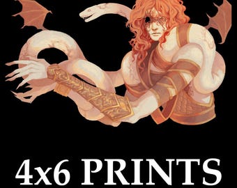 May include: A digital art print featuring a figure with red hair, a snake, and bat-like wings. The figure is adorned with gold armbands and armor. The text "4x6 PRINTS" is displayed in white at the bottom of the image.