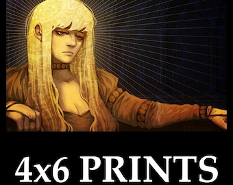 May include: A digital art print featuring a woman with long blonde hair and a halo effect. The artwork is in warm tones of gold and brown. The text "4x6 PRINTS" is displayed at the bottom of the image.