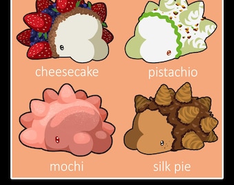 May include: Four 1.5 inch dessert Snom pins on a peach background. The designs include a strawberry and blueberry cheesecake Snom, a green pistachio Snom, a pink mochi Snom, and a brown silk pie Snom, each labeled with its respective flavor name.