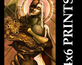 May include: A digital art print featuring a figure in armor embracing a skeletal figure, holding a bouquet of yellow flowers. The artwork has a stained-glass style with a halo and the text "4x6 PRINTS" in white on a black background.