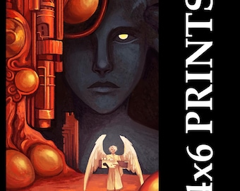May include: A surreal 4x6 print featuring a large, dark-skinned face with a glowing eye, a small angel figure, and abstract mechanical elements in shades of red and orange. The print has the words "4x6 PRINTS" in white.