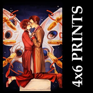 May include: A romantic illustration of a couple kissing, set against a backdrop of a stylized butterfly. The figures are dressed in red and brown attire. The text "4x6 PRINTS" is on the right side.