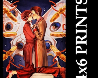 May include: A romantic illustration of a couple kissing, set against a backdrop of a stylized butterfly. The figures are dressed in red and brown attire. The text "4x6 PRINTS" is on the right side.