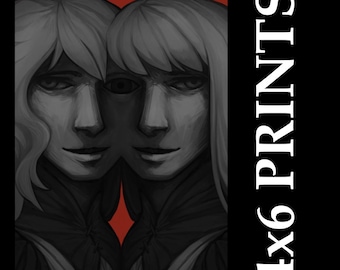May include: A grayscale print featuring two mirrored portraits of individuals with long, light-colored hair. The artwork has a red diamond shape at the bottom center. The text "4x6 PRINTS" is vertically aligned on a black background.