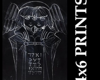 May include: A black and white print featuring a detailed illustration of two angelic figures with wings and a halo. The artwork includes Hebrew text and the words "4x6 PRINTS" in large white letters on the right side.