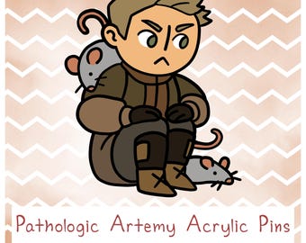 May include: A cartoon illustration of a character from Pathologic, Artemy, sitting with two gray rats. The character is wearing brown clothing and has an angry expression. The text reads "Pathologic Artemy Acrylic Pins, clear acrylic, 1.5 inches."