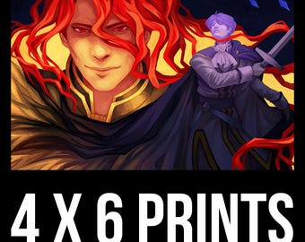 May include: A 4 x 6 inch art print featuring a character with long flowing red hair and red eyes in the foreground, and a character with purple hair holding a sword in the background. The text 4 X 6 PRINTS is displayed at the bottom.