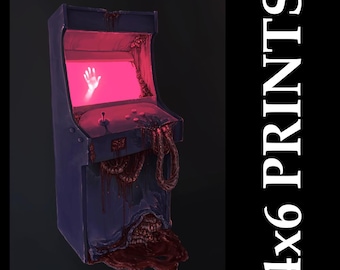 May include: A digital art print of a vintage arcade game cabinet in shades of blue and red. The screen glows pink, displaying a ghostly hand. The cabinet is in a state of decay, with fleshy, organic elements. Text on the right reads "4x6 PRINTS."