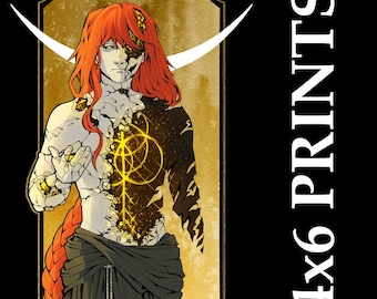 May include: A digital art print featuring a character with red hair, a broken face, and a golden design on their chest. The artwork is set against a gold background with white horns and the text "4x6 PRINTS" in white.