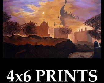 May include: An original painting of a cityscape at sunset, featuring buildings, trees, and a body of water. The sky transitions from orange to purple. The text "4x6 PRINTS" is displayed in white at the bottom of the image.