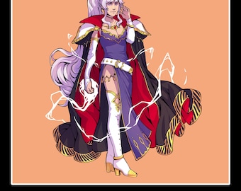 May include: A 5-inch holo foil acrylic standee featuring an illustration of a character with long light purple hair, wearing a purple dress, a black and red cape, and white thigh-high boots, surrounded by white lightning effects on a peach background.