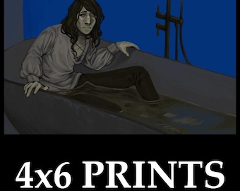 May include: An illustration of a person sitting in a bathtub filled with murky water. The person is wearing a white shirt and dark pants. The background is a deep blue. The text "4x6 PRINTS" is displayed at the bottom of the image.