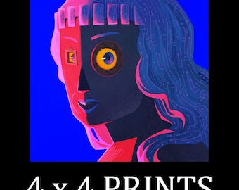 May include: A square digital art print featuring a stylized portrait of a figure with a split face, one side red and the other dark blue with circuit board patterns. The figure has a camera lens eye and the text 4 x 4 PRINTS at the bottom.
