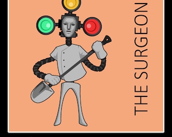 May include: A 4-inch Endacopia standee featuring a character titled The Surgeon. The figure has a gray face, a white tunic, and black segmented arms. It holds a gray shovel. Above the head are three circular lights in yellow, green, and red.