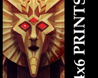 May include: A digital art print featuring a stylized golden mask with red eyes and accents. The artwork has a geometric design and is set against a black background. The text "4x6 PRINTS" is displayed vertically on the right side.