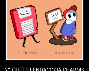 May include: Two 2-inch glitter charms featuring cartoon characters. One is a red floppy disk with a face labeled SUPER SAVER. The other is a character with a white mask, blue shirt, and red cap standing by a sign labeled PIP + MELLOW.
