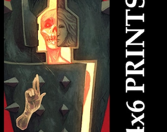 May include: An artistic print featuring a split face, one side a skull, the other a woman. The artwork is set against a dark background with geometric shapes and a hand gesture. The text "4x6 PRINTS" is displayed vertically.