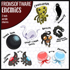 May include: A set of 10 acrylic charms featuring various enemies from the video game Elden Ring. The charms are 2 inches in diameter and feature characters such as Chaos Eater, Silver Tear, Crystal Lizard, and Spirit-Caller Snail.