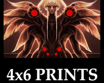 May include: A digital art print featuring a stylized, humanoid figure with intricate details. The figure has a crown, long hair, and multiple wing-like appendages. The color palette includes shades of brown, red, and gold. The text "4x6 PRINTS" is displayed at the bottom.