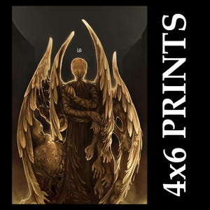 May include: A digital art print featuring a figure with large, ornate wings and multiple arms. The figure is draped in a dark robe, with a faceless head. The print is labeled "4x6 PRINTS" in white text on a black background.