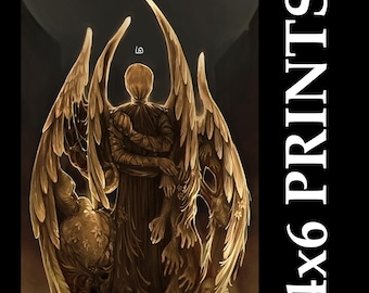 May include: A digital art print featuring a figure with large, ornate wings and multiple arms. The figure is draped in a dark robe, with a faceless head. The print is labeled "4x6 PRINTS" in white text on a black background.