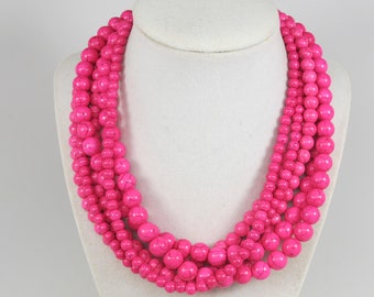Chunky pink necklace, multi strand statement pink gemstone necklace pink beaded statement jewelry, best seller, rose stone necklace