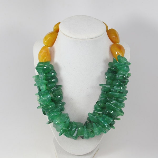 Chunky gold yellow marigold  and forest green necklace, multi strand statement yellow necklac, beaded yellow necklace big gold  beads green