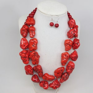Chunky red turquoise necklace, multi strand red Ruby statement necklace, turquoise statement jewelry