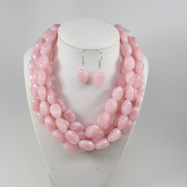 Chunky pink necklace, multi strand statement rose beaded necklace pink beaded statement jewelry, best seller, rose necklace