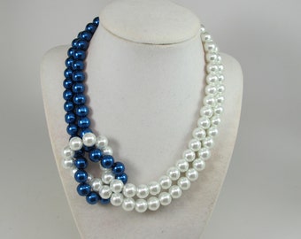 Statement Blue and white necklace, knotted blue and White Pearl Necklace Statement Necklace - White Pearl Necklace – Blue Pearl Necklace