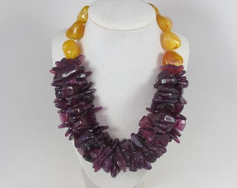 Chunky amethyst yellow marigold necklace, multi strand statement yellow and purple necklace, beaded necklace, big purple yellow beads, fall